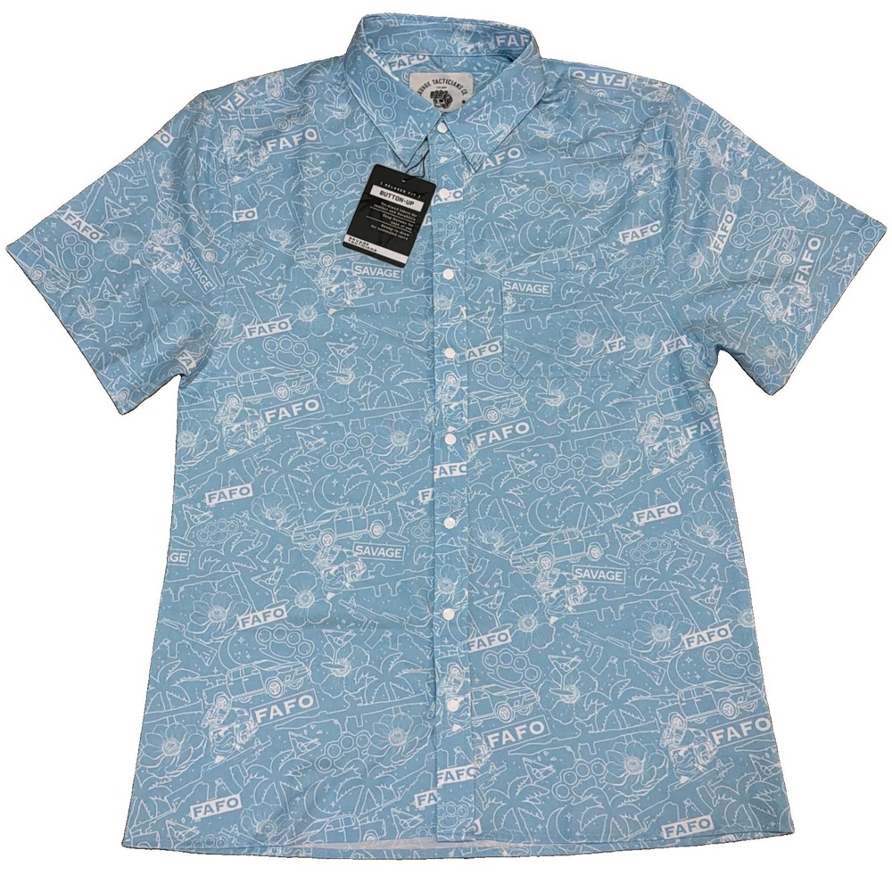 Savage Tacticians "FAFO Slaycation" Snap Up Shirt Mens Medium AOP Light Blue